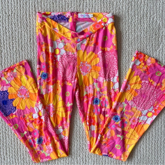 ELSIE & FRED Pink Orange Retro Hippie Disco Floral Bellbottom Flare Pants S - Picture 5 of 11